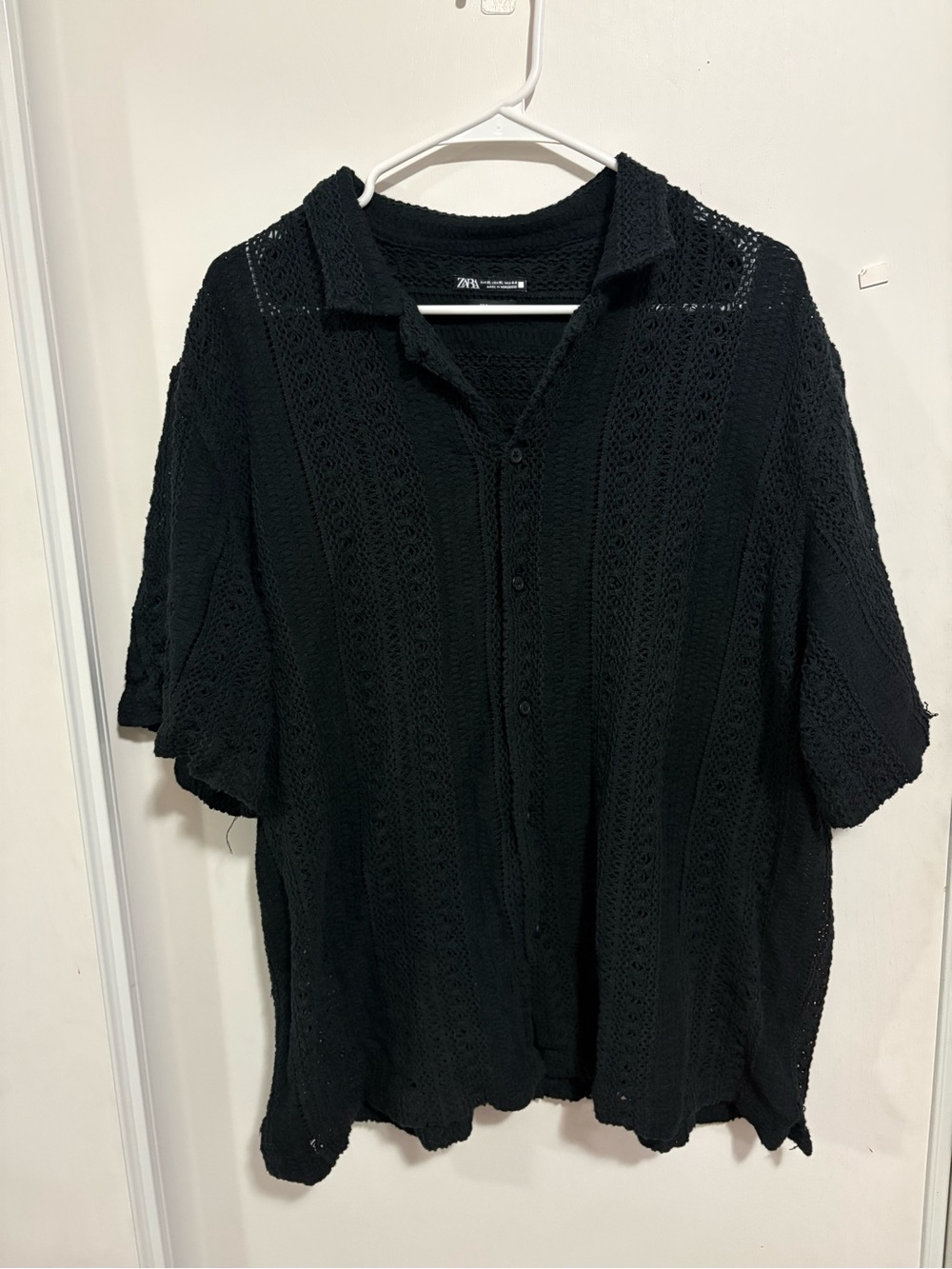 Zara Men Button Up Crochet Shirt XL Black Short Sleeve‎ Open Knit